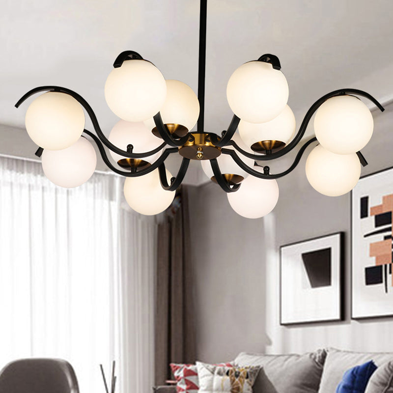 Minimalist Milky Glass Globe Pendant Chandelier - 12 Lights, Down Lighting - Black - Living Room