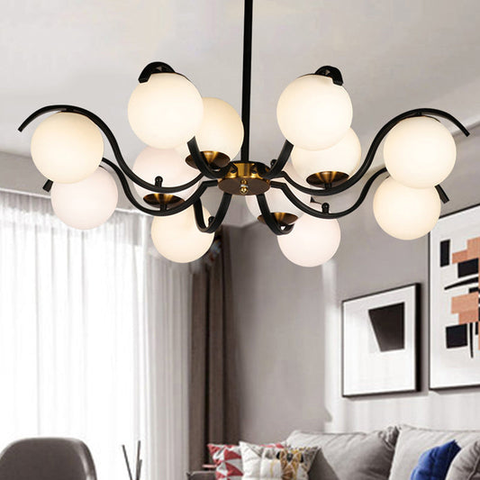 Minimalist Milky Glass Globe Pendant Chandelier - 12 Lights, Down Lighting - Black - Living Room