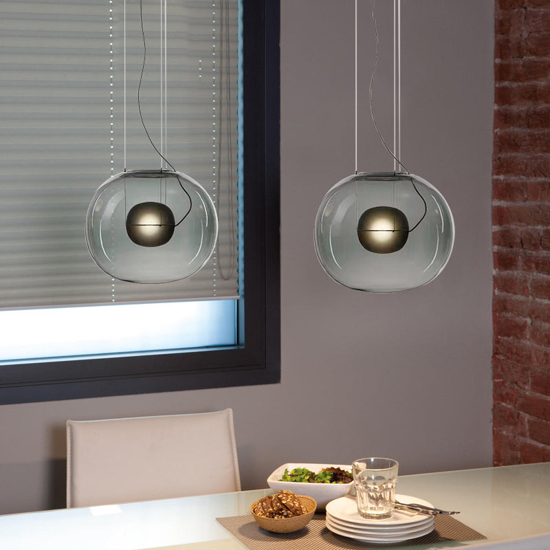 Modern Smoke Gray/Clear Glass Globe Pendant Light Fixture For Dining Room - 1 Head Kit