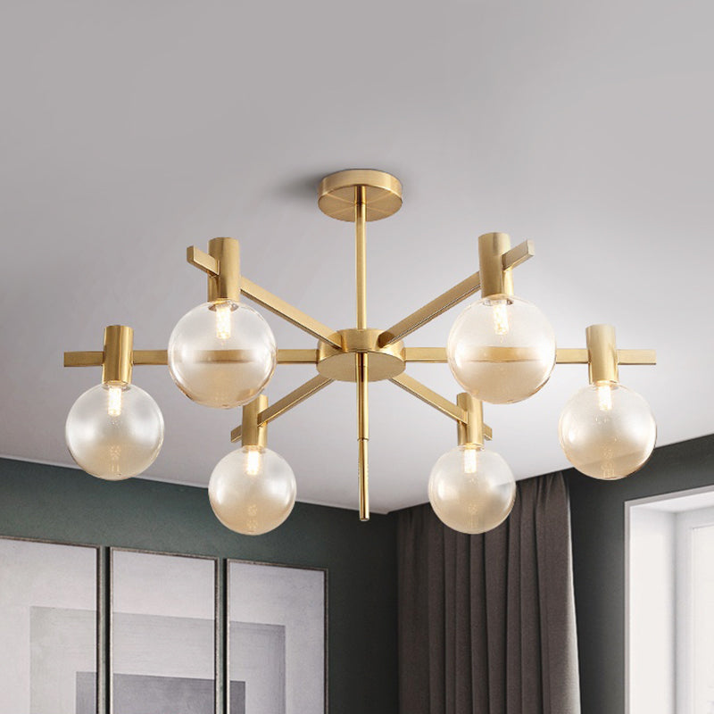 Post-Modern Led Chandelier With Clear Glass And Brass Finish - 6-Bulb Hanging Lamp Kit