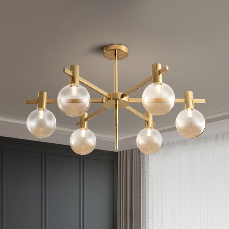 Post-Modern Led Chandelier With Clear Glass And Brass Finish - 6-Bulb Hanging Lamp Kit