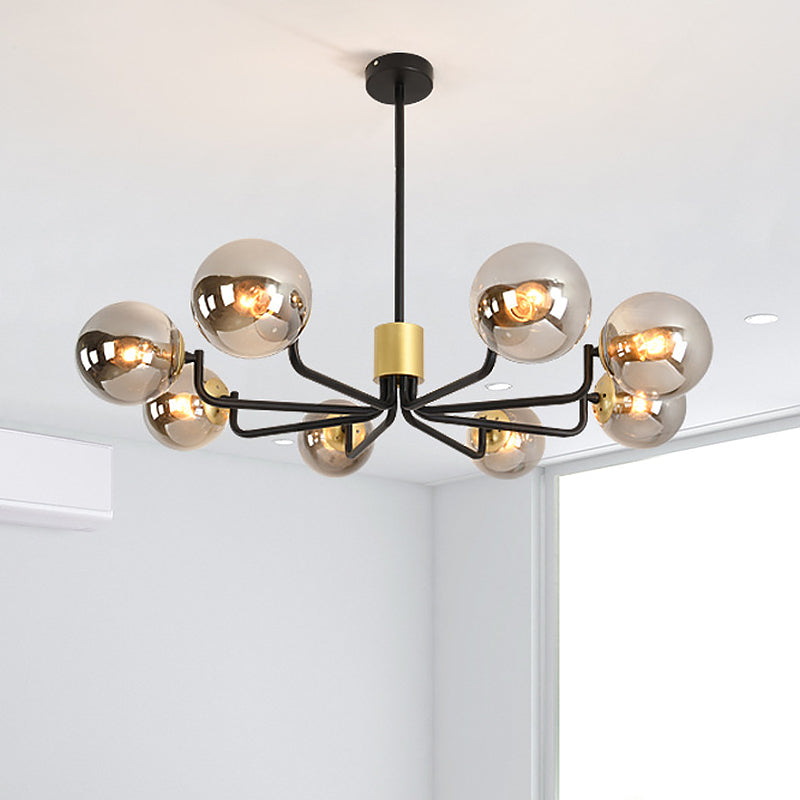Sleek Grey Glass Spherical Suspension Light - Post Modern 8-Head Brass & Black Chandelier with Radial Design