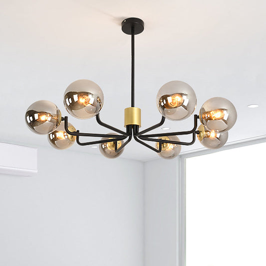 Sleek Grey Glass Spherical Suspension Light - Post Modern 8-Head Brass & Black Chandelier with Radial Design