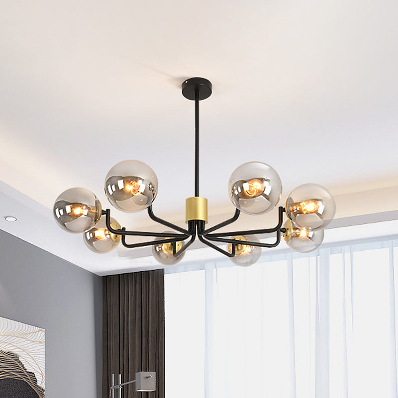 Sleek Grey Glass Spherical Suspension Light - Post Modern 8-Head Brass & Black Chandelier with Radial Design