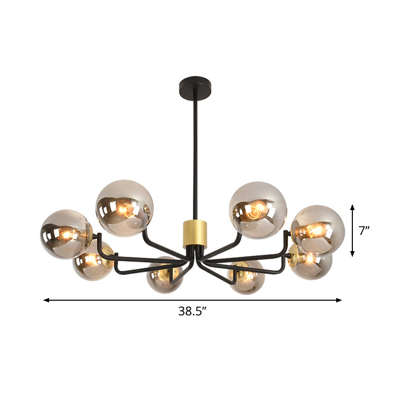Sleek Grey Glass Spherical Suspension Light - Post Modern 8-Head Brass & Black Chandelier with Radial Design