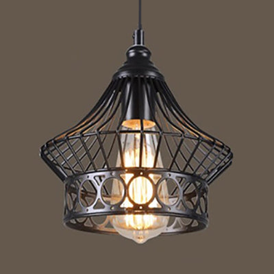 Vintage Lantern Pendant Light with Wire Net Shade - Black, Adjustable Cord