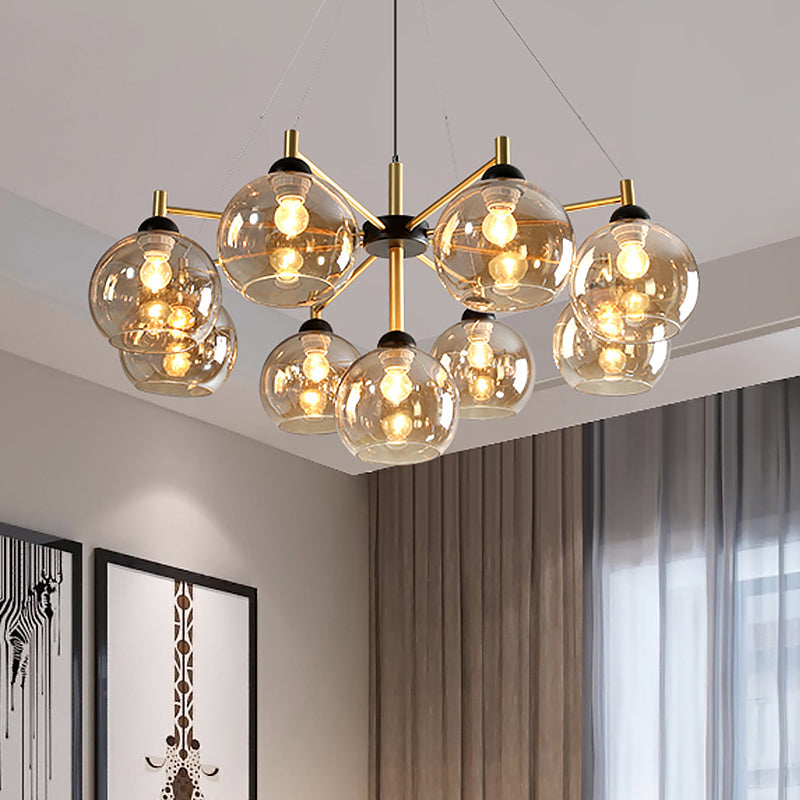 Lustre moderne en verre ambré - Plafonnier à 9 ampoules en laiton pour salon