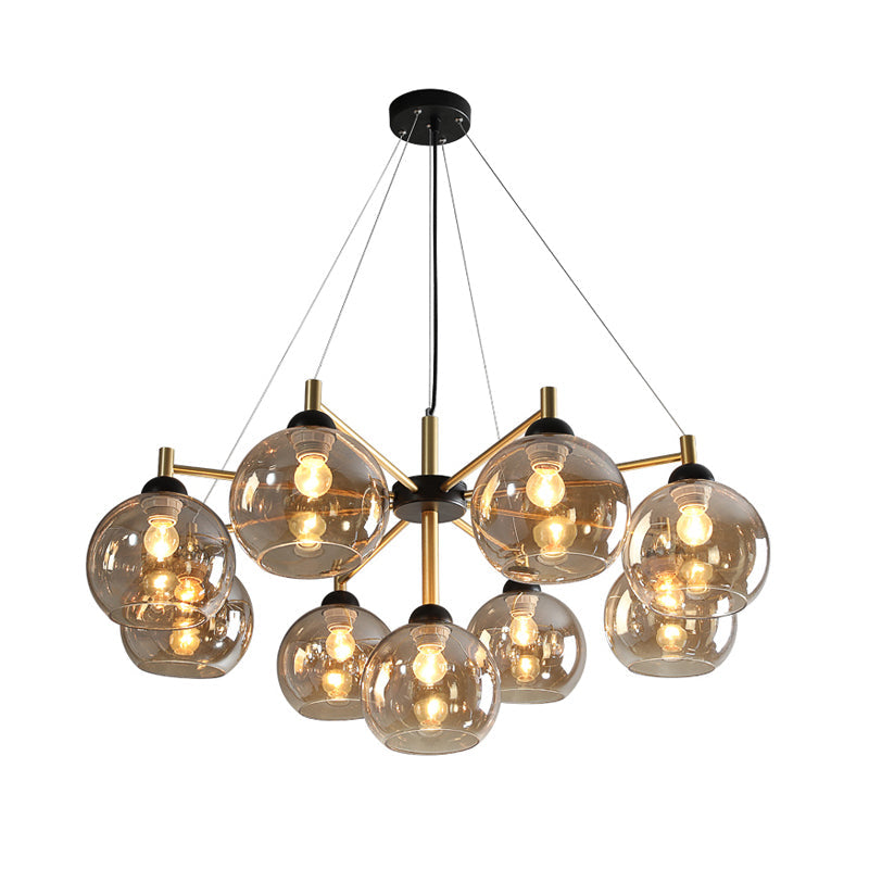 Lustre moderne en verre ambré - Plafonnier à 9 ampoules en laiton pour salon