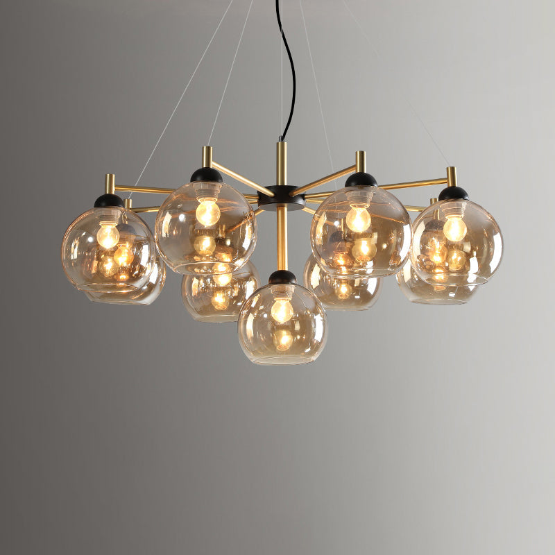 Lustre moderne en verre ambré - Plafonnier à 9 ampoules en laiton pour salon