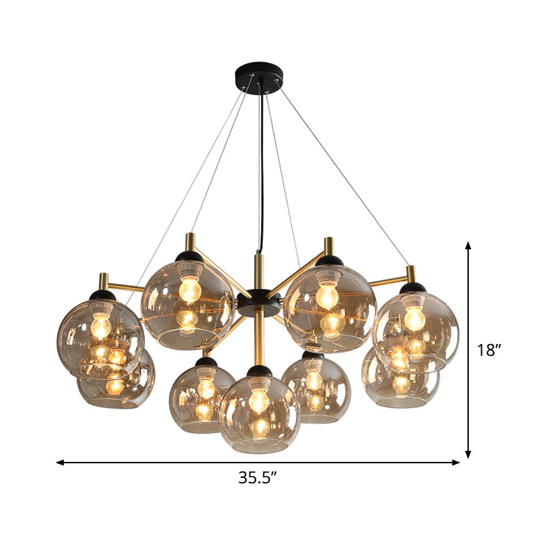 Lustre moderne en verre ambré - Plafonnier à 9 ampoules en laiton pour salon