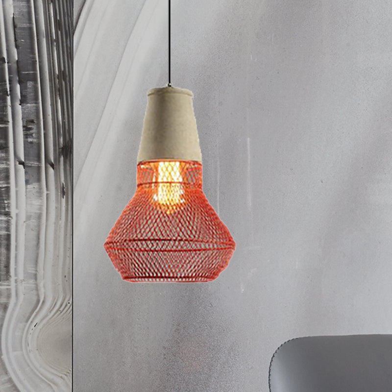 Contemporary Stone Cone Pendant Lamp - 1 Light Hanging Ceiling For Restaurants Black/Red Wire-Cage