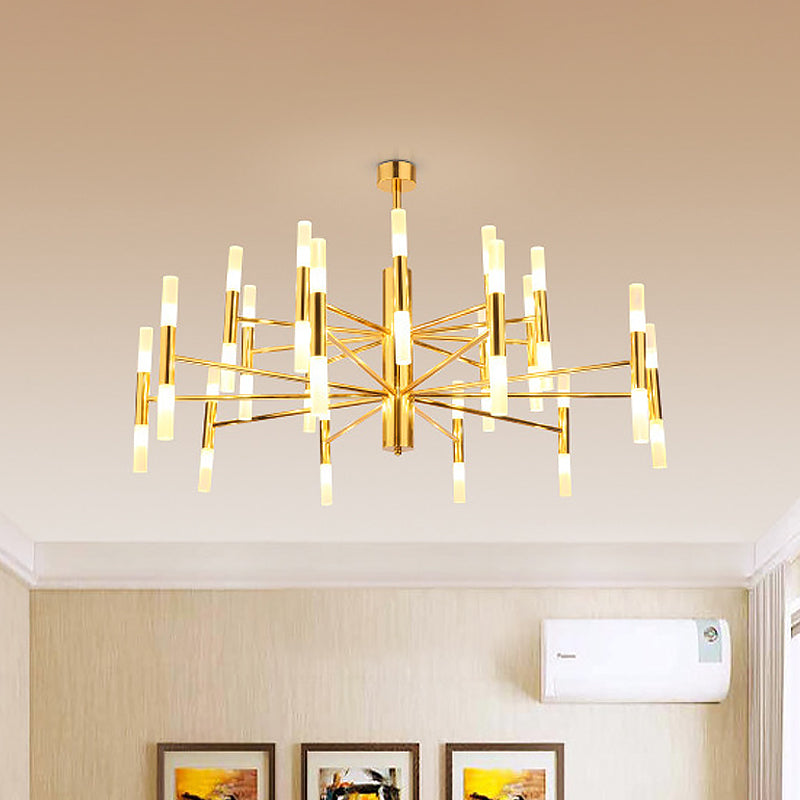 Lustre suspendu élégant en tube de laiton à 2 niveaux - Plafonnier minimaliste à 40 lumières pour le salon