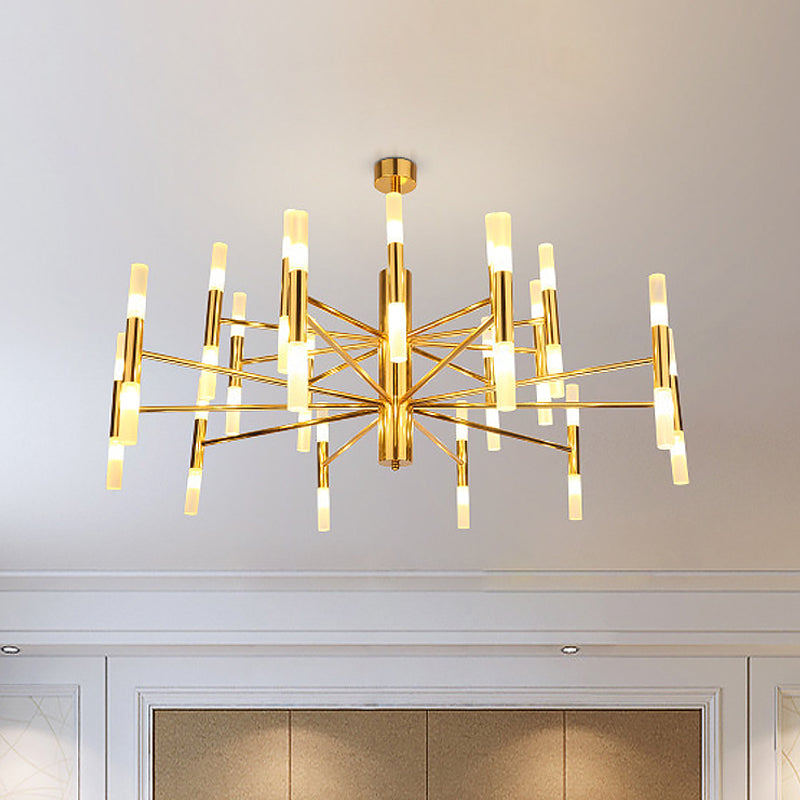 Lustre suspendu élégant en tube de laiton à 2 niveaux - Plafonnier minimaliste à 40 lumières pour le salon