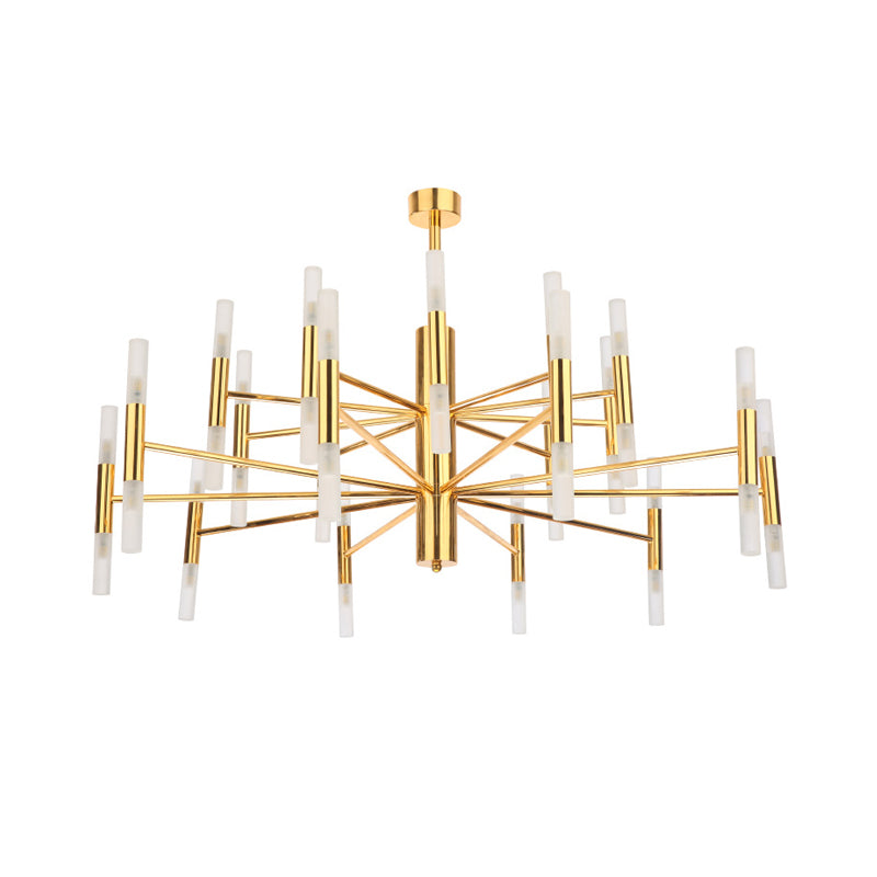 Lustre suspendu élégant en tube de laiton à 2 niveaux - Plafonnier minimaliste à 40 lumières pour le salon