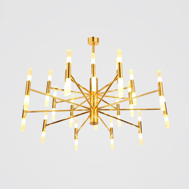Lustre suspendu élégant en tube de laiton à 2 niveaux - Plafonnier minimaliste à 40 lumières pour le salon