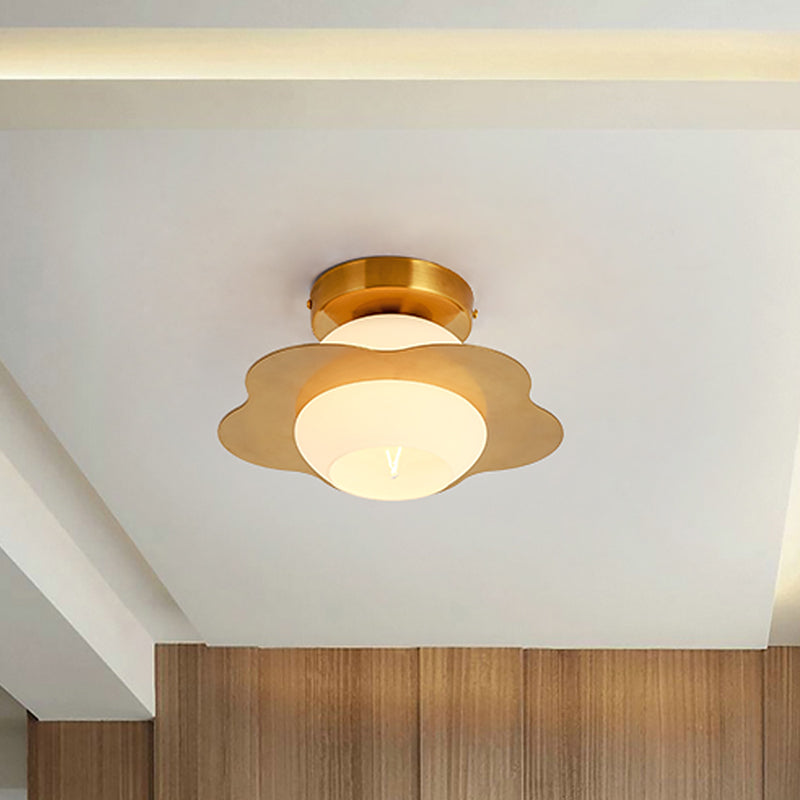 Contemporary Gold Flush Mount Hallway Light with White Glass Shade