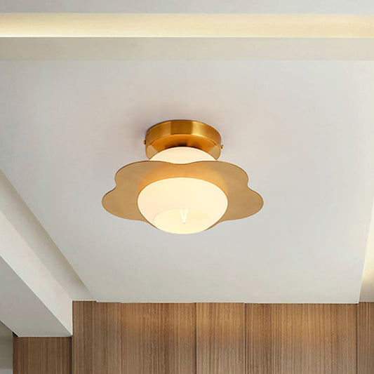 Contemporary Gold Flush Mount Hallway Light with White Glass Shade