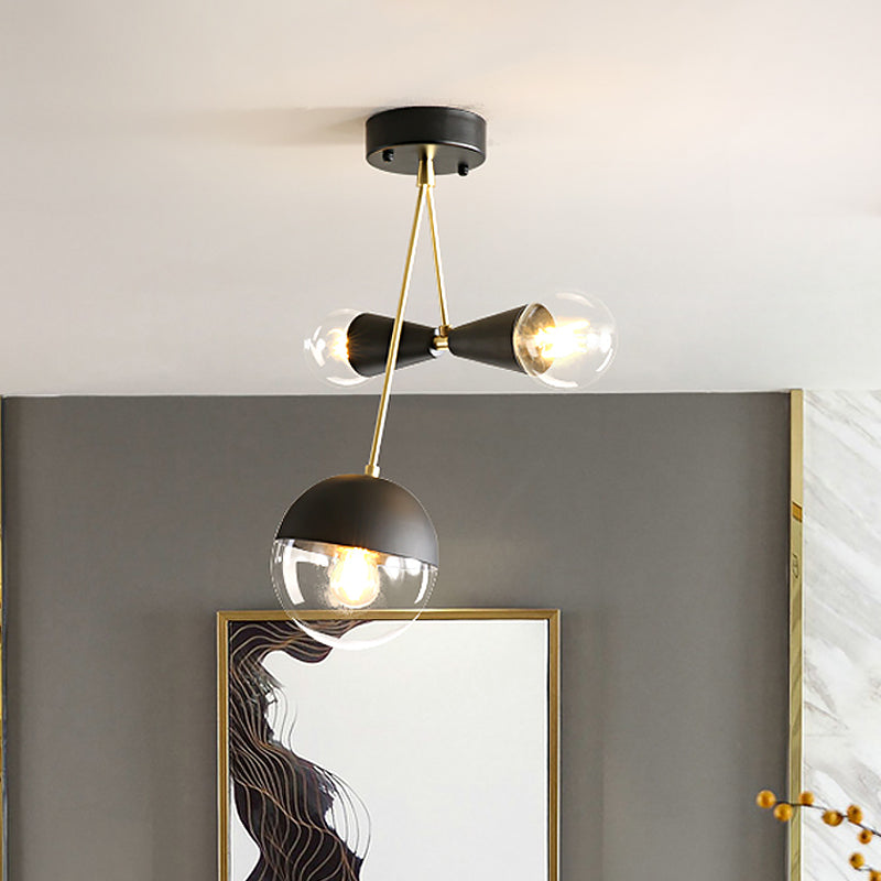 Plafonnier semi-encastré contemporain en forme de boule noire et de sablier avec 3 ampoules – Verre transparent