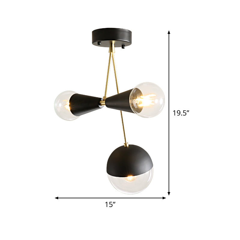 Plafonnier semi-encastré contemporain en forme de boule noire et de sablier avec 3 ampoules – Verre transparent