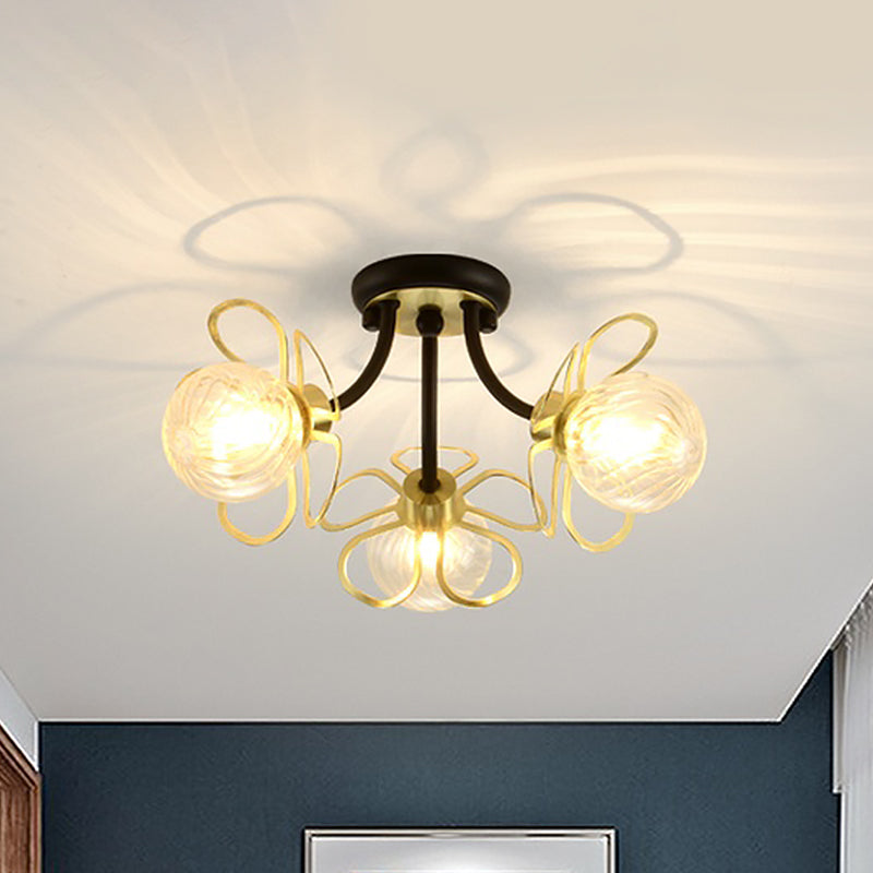 Modern Black Metal Floral Flush Mount with Clear Glass Shade - 3 Lights