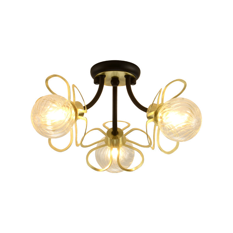 Modern Black Metal Floral Flush Mount with Clear Glass Shade - 3 Lights