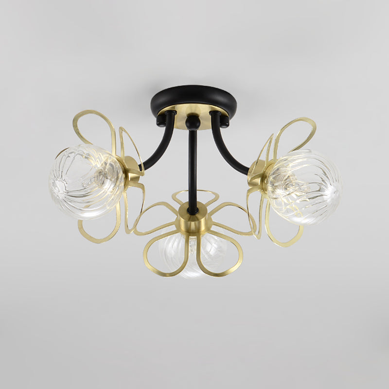 Modern Black Metal Floral Flush Mount with Clear Glass Shade - 3 Lights