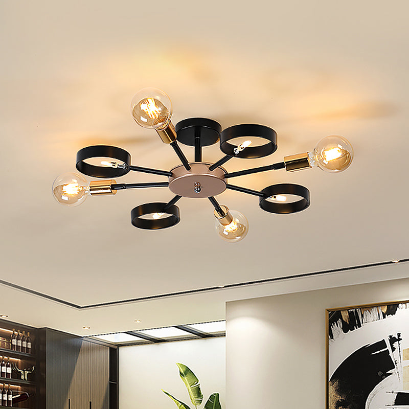 Sputnik Metal Flush Ceiling Light - Modern 8-Head Black LED Semi Flush Mount