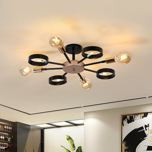 Sputnik Metal Flush Ceiling Light - Modern 8-Head Black LED Semi Flush Mount