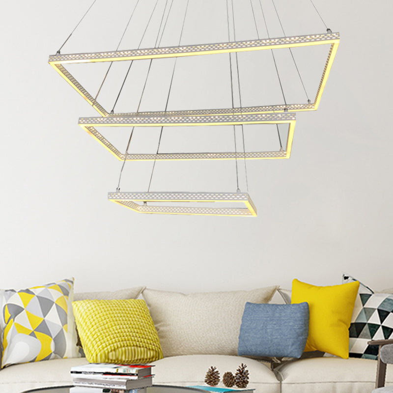 Lustre rectangulaire blanc moderne à 3 lumières - Luminaire suspendu au plafond avec plusieurs options d'éclairage