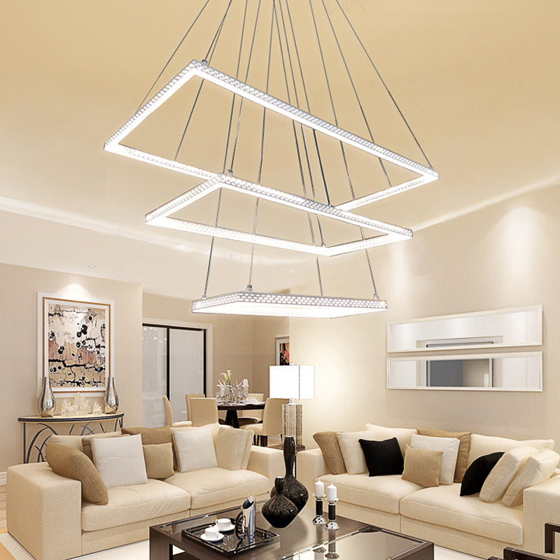 Lustre rectangulaire blanc moderne à 3 lumières - Luminaire suspendu au plafond avec plusieurs options d'éclairage