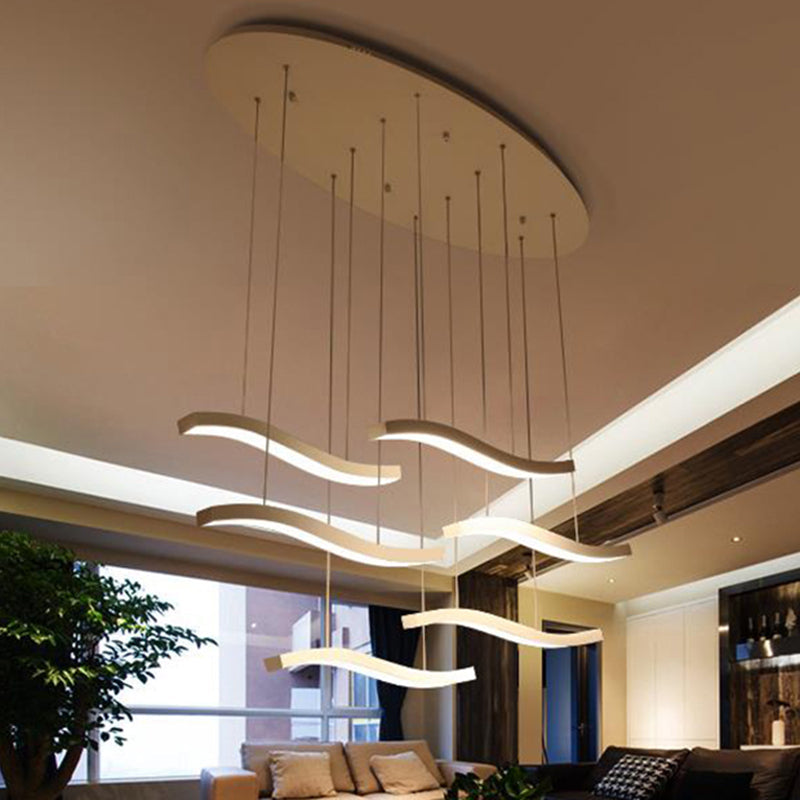Contemporary Wave Acrylic Pendant Lighting - 3/6 Lights White Led Hanging Lamp Fixture In White/Warm