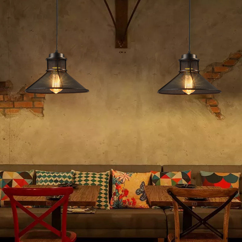 Industrial Mesh Cage Pendant Light with Cone Shade - Rust/Black Finish - Ideal for Restaurants - Single Bulb Ceiling Lamp
