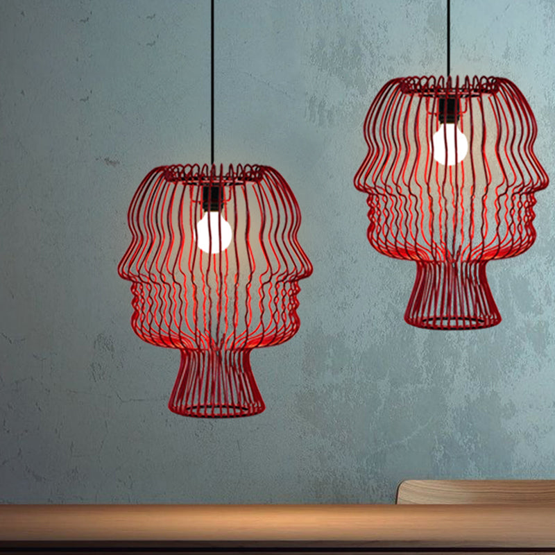 Suspension métallique rouge moderne à 1 tête avec cage en arc suspendue - Plafonnier