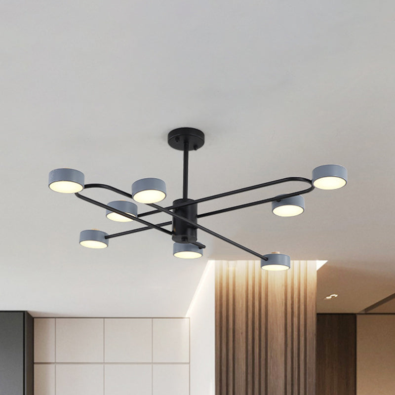 Minimalist Grey Living Room Chandelier with Drum Iron Shade - 8 Heads Ceiling Pendant Light
