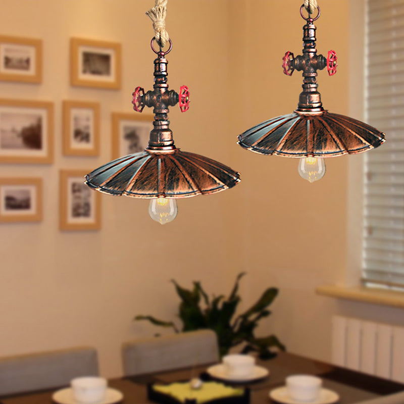 Industrial Metal Scalloped Pendant Lamp With Rust Finish And Knots Rope Cord - 1 Light Hanging