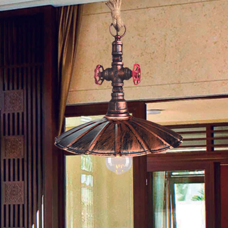 Industrial Metal Scalloped Pendant Lamp With Rust Finish And Knots Rope Cord - 1 Light Hanging