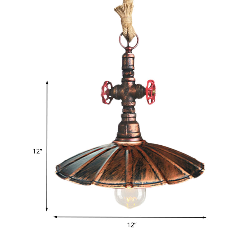 Industrial Rustic Scalloped Pendant Light with Rope Cord