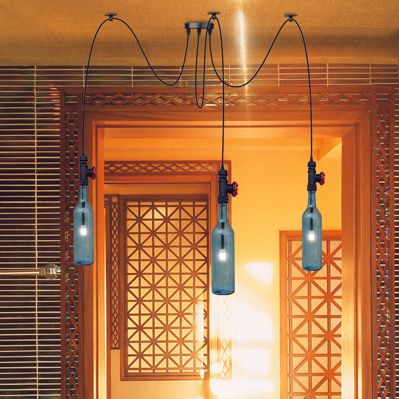 Vintage Blue Glass Black Swag Cluster Pendant Light With Hanging Lamp Kit - Suitable For Restaurants