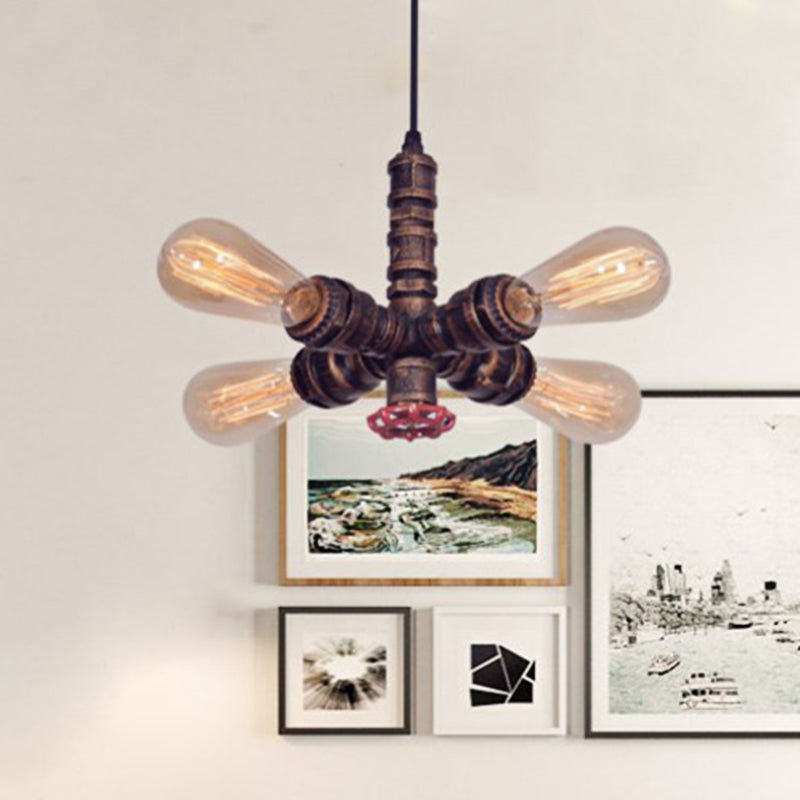 Zoey - Copper Copper Radial Pipe Hanging Lighting Industrial Iron 4 Bulbs Living Room Chandelier Pendant Lamp with Valve Deco