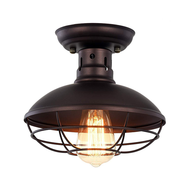 Iron Barn Flush Mount Ceiling Lamp in Antiqued Bronze/Coffee with Cage - Perfect for Living Room
