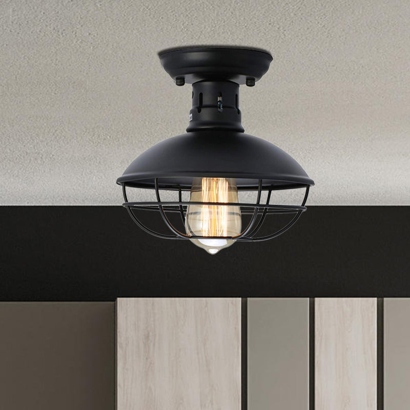 Iron Barn Flush Mount Ceiling Lamp in Antiqued Bronze/Coffee with Cage - Perfect for Living Room