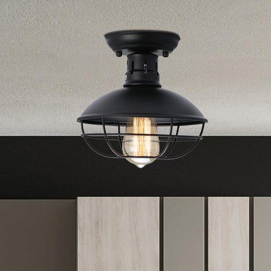 Iron Barn Flush Mount Ceiling Lamp in Antiqued Bronze/Coffee with Cage - Perfect for Living Room