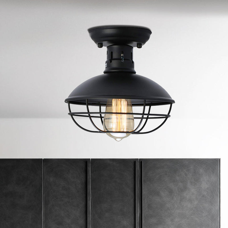 Iron Barn Flush Mount Ceiling Lamp in Antiqued Bronze/Coffee with Cage - Perfect for Living Room