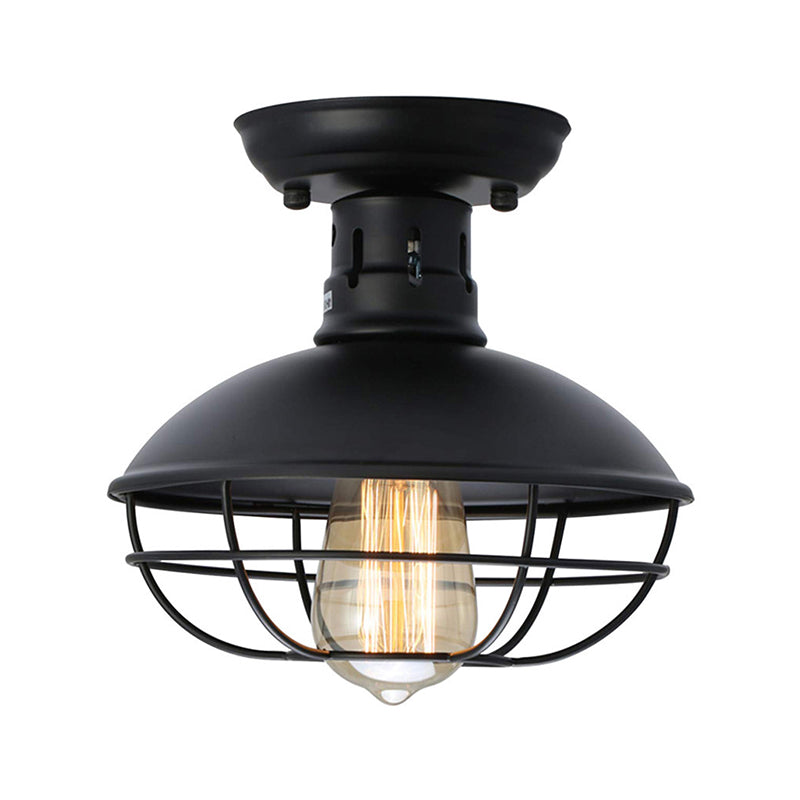 Iron Barn Flush Mount Ceiling Lamp in Antiqued Bronze/Coffee with Cage - Perfect for Living Room