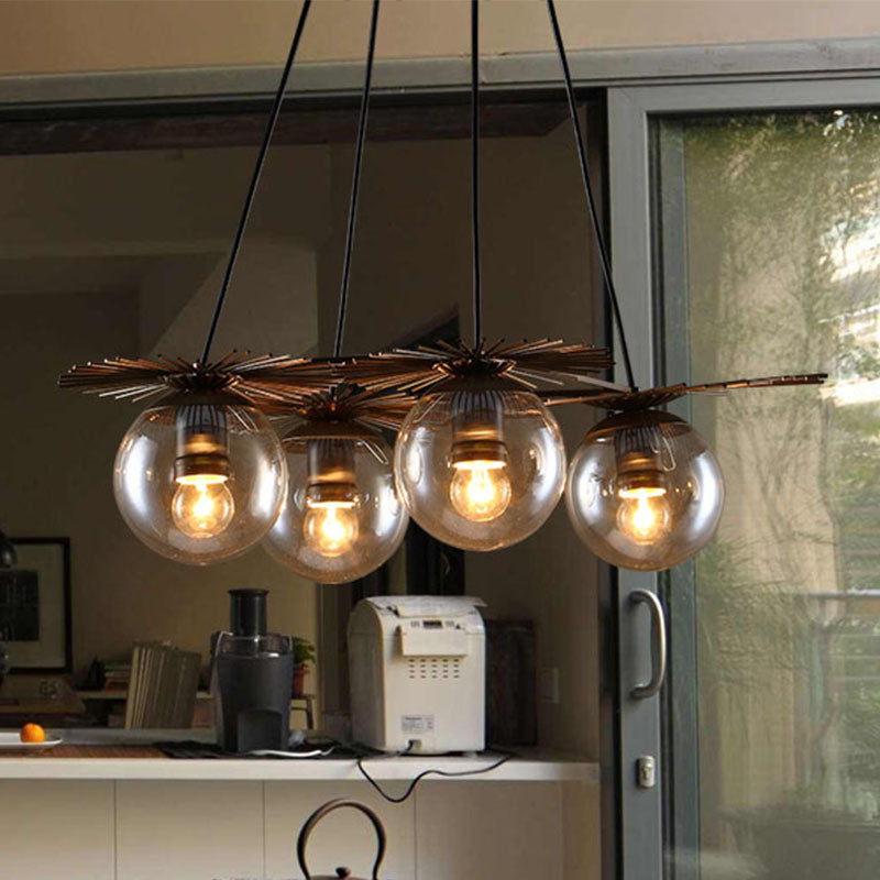Luminaire suspendu industriel pour café avec abat-jour en verre ambré - Lustre de plafond à 4 ampoules