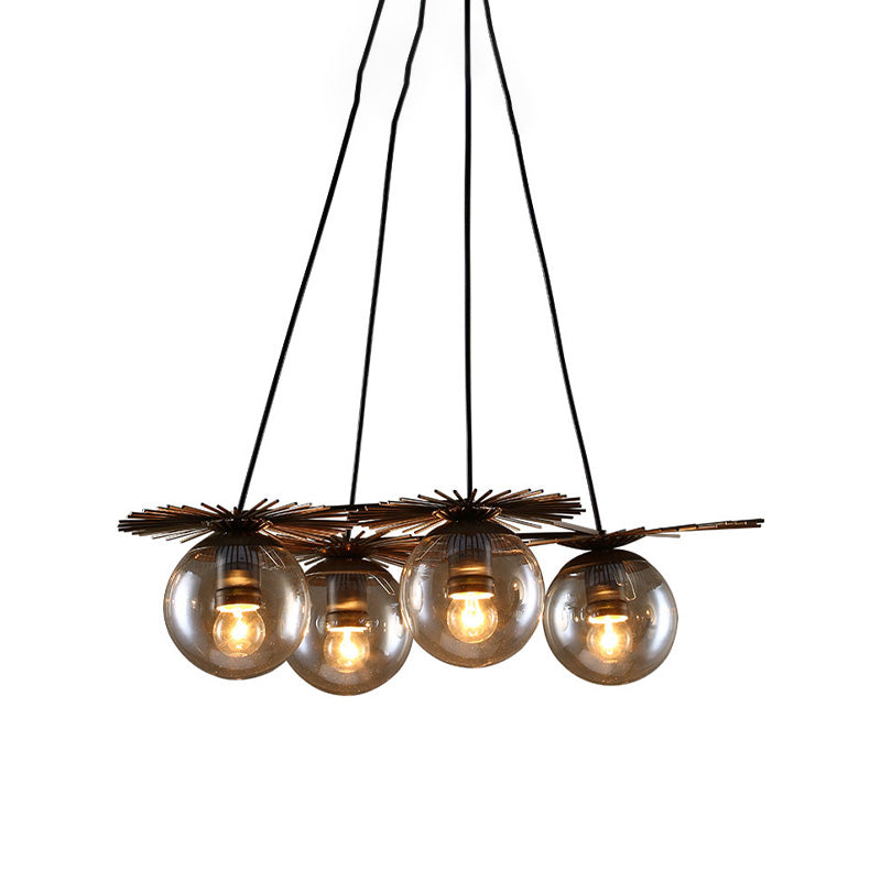 Luminaire suspendu industriel pour café avec abat-jour en verre ambré - Lustre de plafond à 4 ampoules
