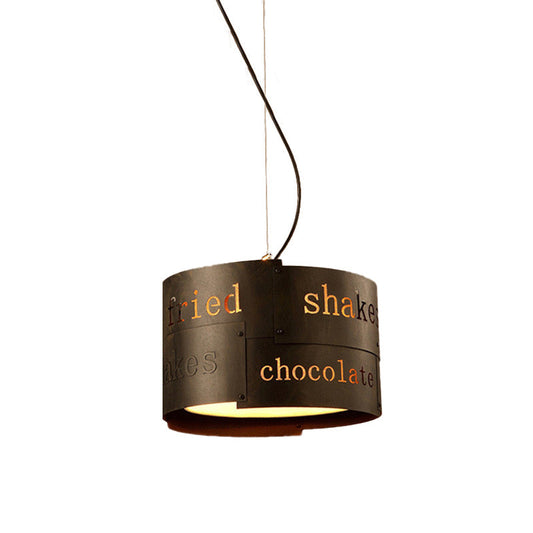 Lustre tambour en fer noir vieilli à 3 têtes - Plafonnier suspendu avec motif de lettrage