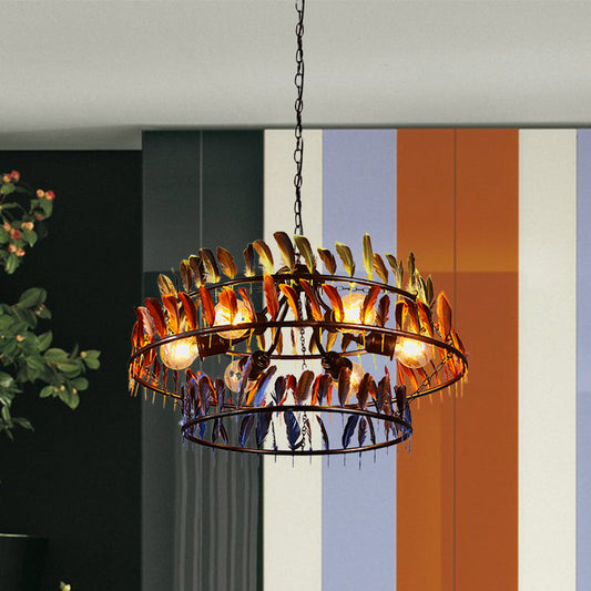 Lustre à suspension métallique Art Déco en plumes - Rouge et bleu, lampe suspendue à 6 ampoules