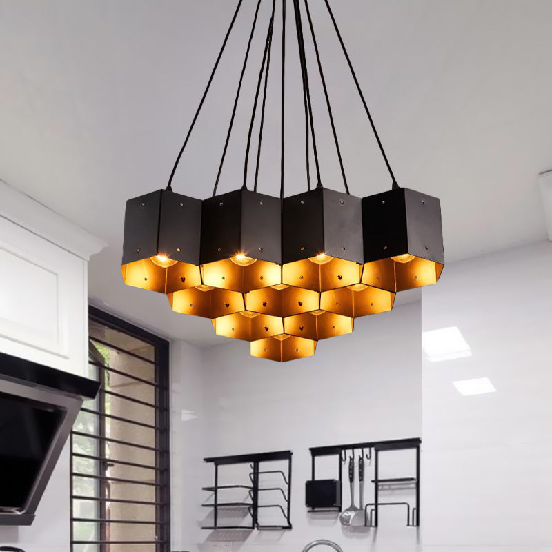 Lustre hexagonal vintage avec design en nid d'abeille noir - 7/10/11 Down Lights pour restaurants