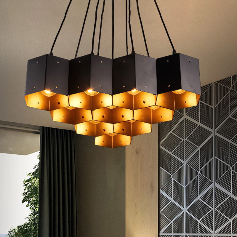 Lustre hexagonal vintage avec design en nid d'abeille noir - 7/10/11 Down Lights pour restaurants